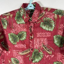 Hilo Hattie Shirt Mens Large Red Hawaiian Camp Floral Boat Tiki Aloha Cotton