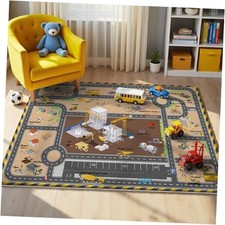Construction Site Play mat Rug for Kids, 4x6 Non-Slip Educational Rug with