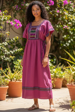 Vtg 70s Caftan Dress S M Midi Cotton Embroidery Stripe Tie Boho Huipil Hippie