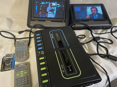 #ad Kawasaki Portable Car DVD Player 2 Screens 2 Remotes Black Case Backseat Movies $35.00