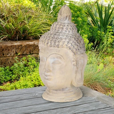 Tête de Bouddha en pierre artificielle beige-gris objet décoratif statue 55 cm - Photo 1/4