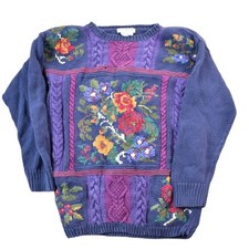Vintage 1990s Floral Cable Knit Crewneck Sweater Women's S