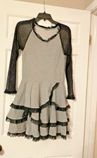 O La La! Glam SMALL Gray & Black Lace Dress Unique Ruffles Sheer Sleeve FUN!