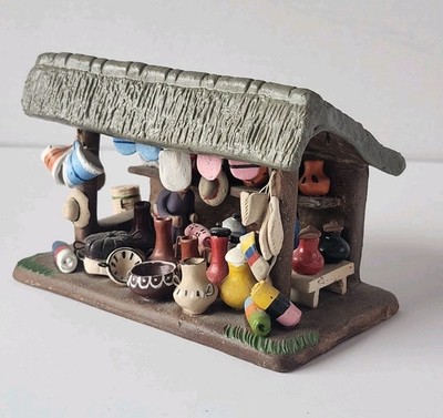 Vintage Peruvian Folk Art Market Stall Miniature Clay Village Scene Handmade