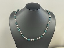 Sterling Silver Necklace With Turquoise And Pearls 24” 43.2 Grams