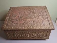 Vintage Embossed Brass and Wood Slippers Warmer Box Boat Maritime Windmill River