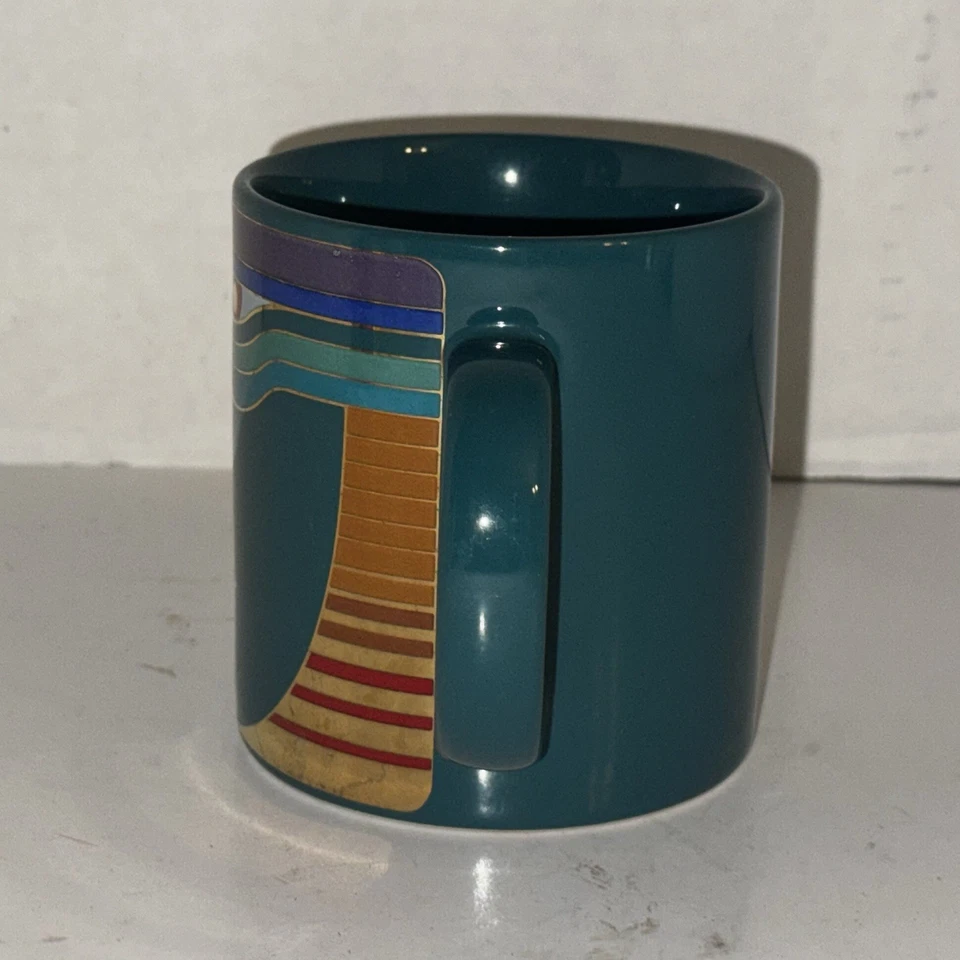 Taza de café Laurel Burch Vayu diseño de cara mítica verde azulado adorno dorado Japón Foto 2 de 4