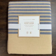 POTTERY BARN HARBOR STRIPE TWIN DUVET COVER ORGANIC COTTON PERCALE ~ NAVY/YELLOW