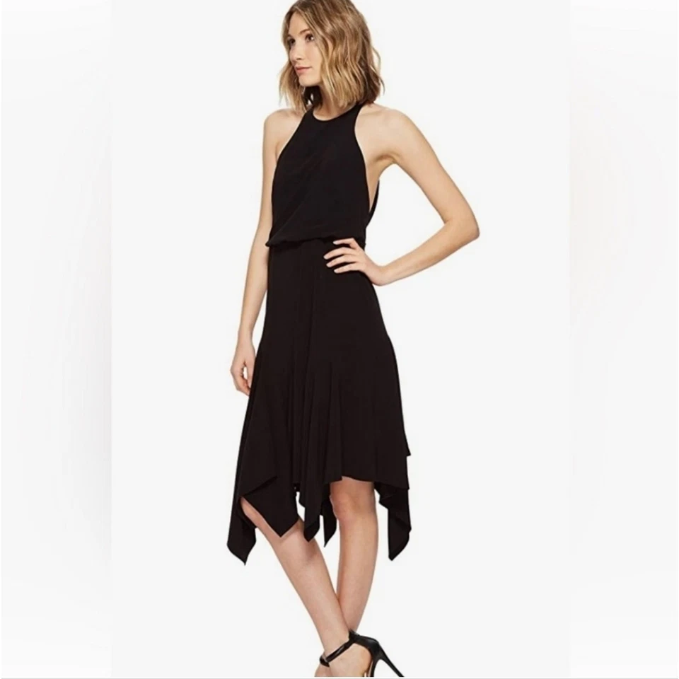 Vestido Halston Heritage para mujer talla XS midi asimétrico cóctel abierto con tiras Foto 3 de 4