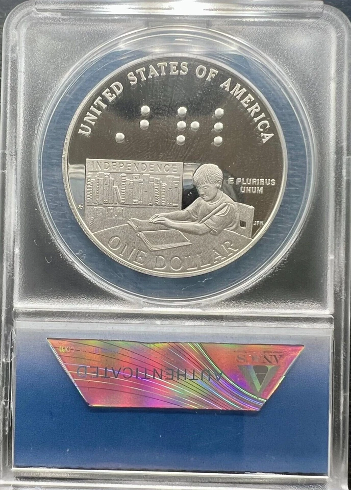 2009-P Louis Braille Silver Dollar $1 ANACS PF70 Ultra Cameo First Dat of Issue - Image 2 of 2