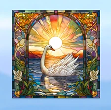 Swan Faux Stained Glass WINDOW CLING Size 8" Square Repositionable Vinyl