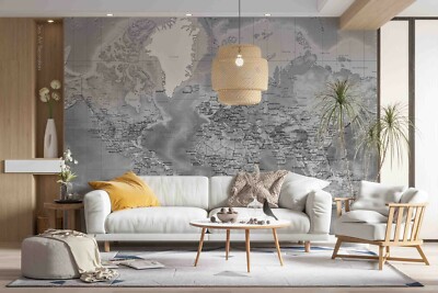 3D Retro World Map Grey Self-adhesive Removable Wallpaper Murals Wall 682
