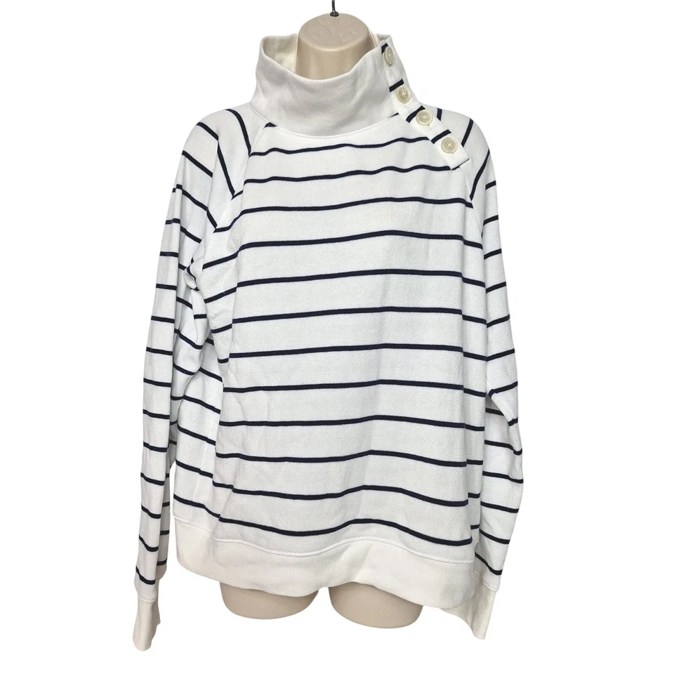 Túnica J CREW Cloudspun polar a rayas cuello ancho con botones talla grande blanco azul Foto 2 de 4