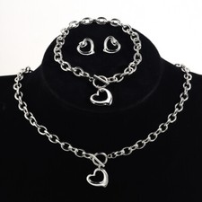 Stainless Steel Jewelry Set Heart Rolo Chain Matching Necklace Bracelet Earring