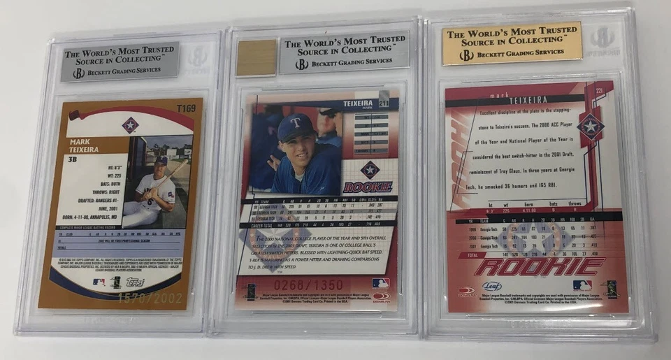 Mark Teixeira Rookie Lot 2001 Leaf BGS 2002 Topps Traded Gold, Donruss Auto 10 - Image 2 of 2