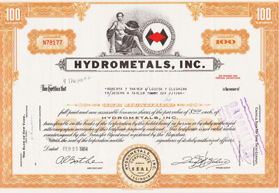HYDROMETALS INC - 1964 - USA / USA 100 Aktien - Stammaktien