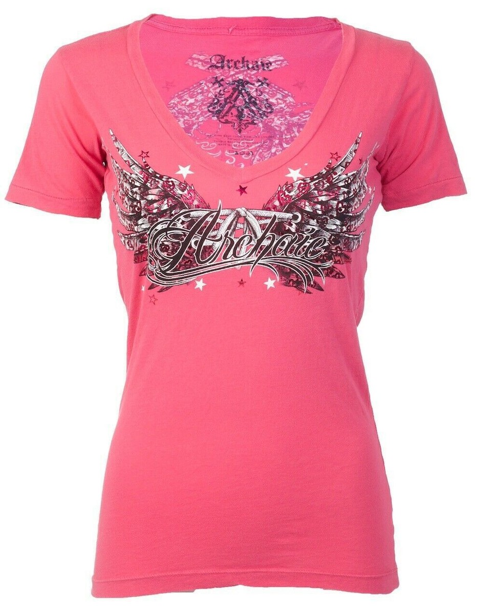 ARCHAIC by AFFLICTION Womens T-shirt Hot Smoke Guns Pink