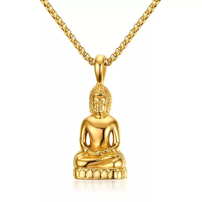 18K Gold Plated Buddha Statue Men&#039;s Steel Religious Necklace |