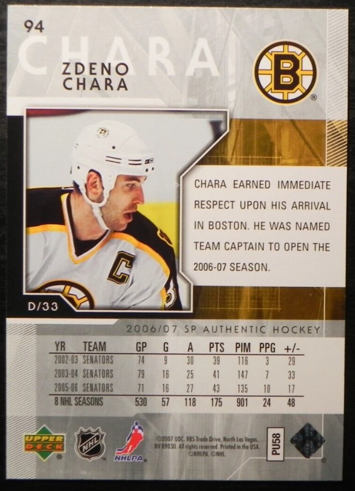 2006-07 06/07 SP Authentic #94 Zdeno Chara Boston Bruins - Image 2 of 2