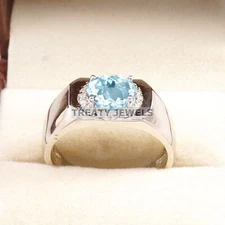 Aquamarine Oval Cut Gemstone With 925 Sterling Silver Ring For Men's #A757
