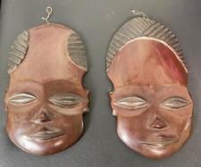 Vintage Hand Carved Wood African Tribal Face Mask Wall Art Plaque Pair Tiki