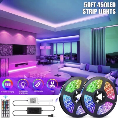 LED Strip Lights 50ft 5050 RGB With Remote for Indoor Bedroom & Party Decor