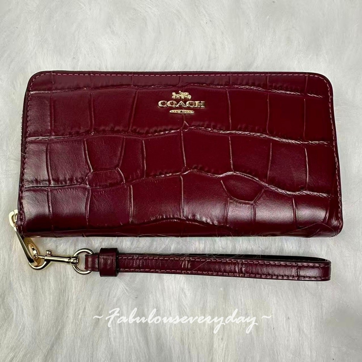 Coach Long Zip Around Wallet In Embossed crocodile/Gold/Dark Wine