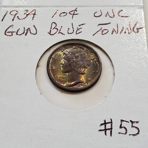 1934  Dime - AU-UNC GUN BLUE TONED  #55
