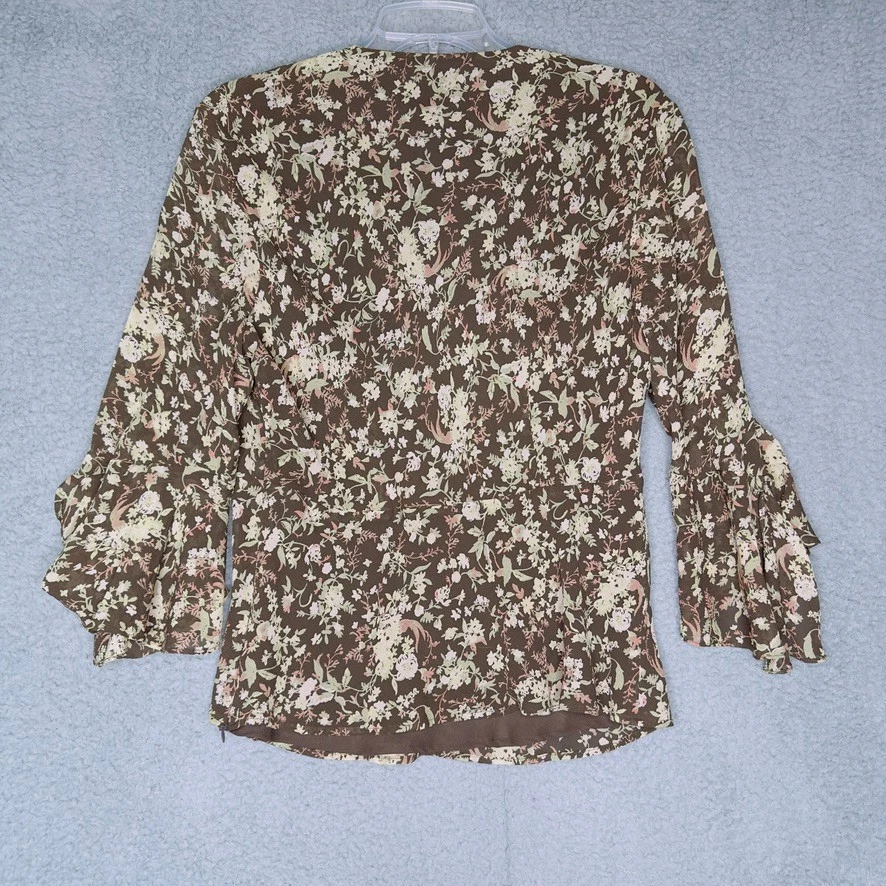 Jones Wear Blouse 12 Brown Floral Silk Fairy Y2K Bell Sleeve Lined Romantic Top - Image 2 of 4