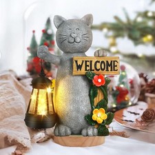 Solar Cat Statue Outdoor Decor-9.4" Welcome Garden with Sculpture Solar Lante...