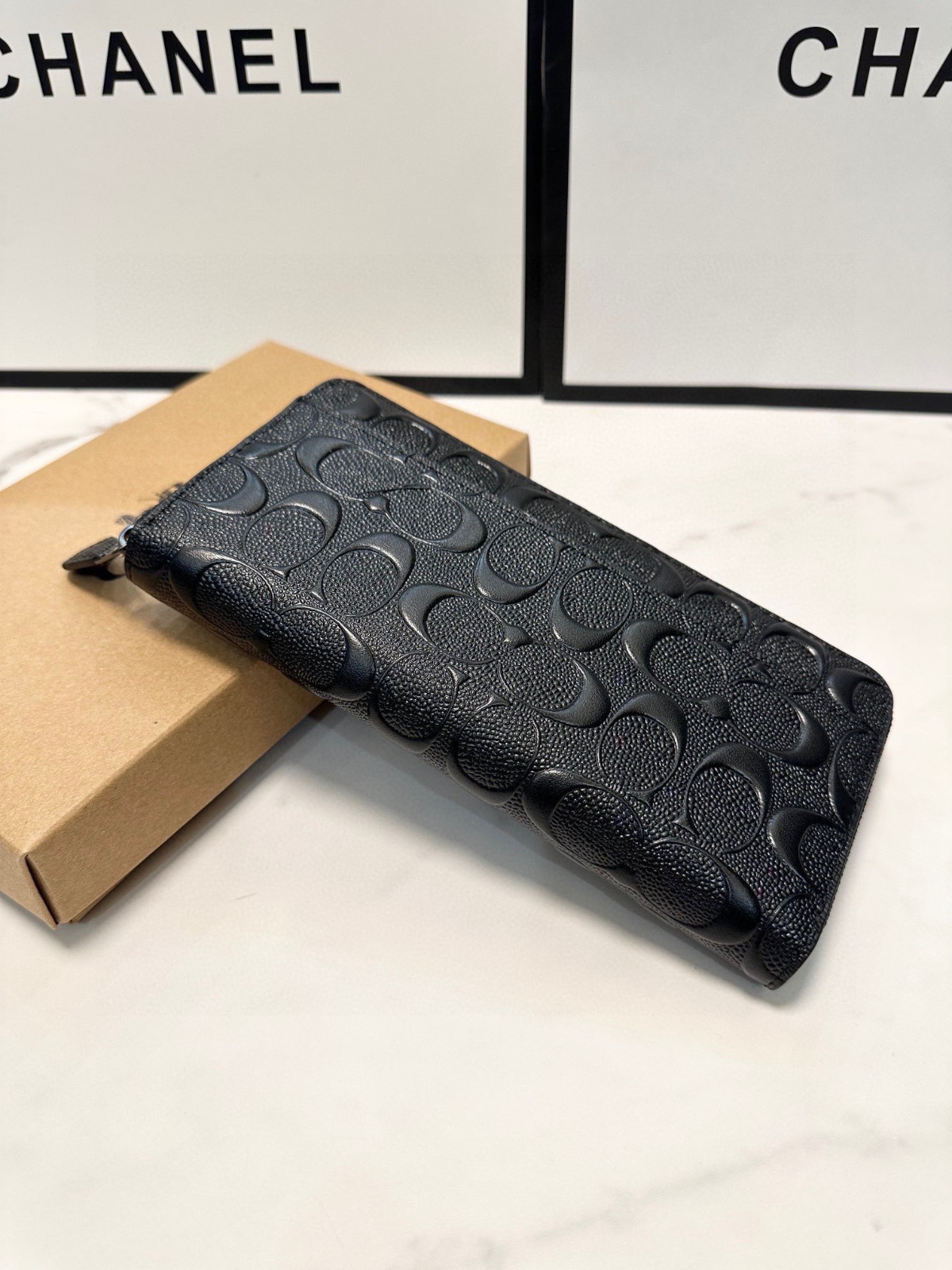 NEW  Coach Embossed Signature Black Leather Long Accordion Zip Wallet