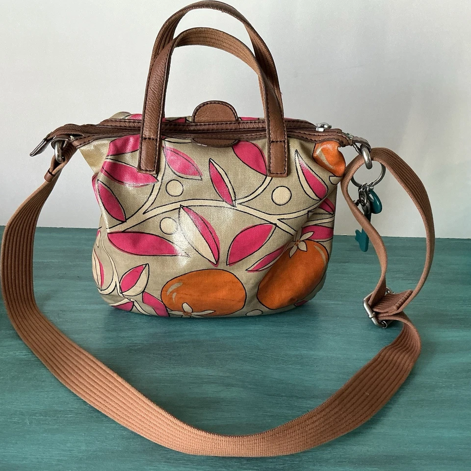 Fossil Key-Per Coated Canvas Leather Crossbody Bag Orange Boho Hippie Purse - Image 2 of 4