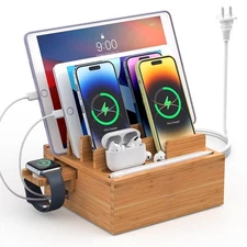 Bamboo Charging Station Holder with 5 Port USB Charger, 5 x Charge Cables, Wa...