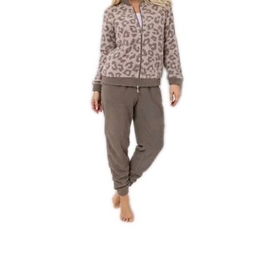 COZEE HOME Damen-Hausanzug Leo-Muster MF Fluffy Bouclé Collegekragen grM