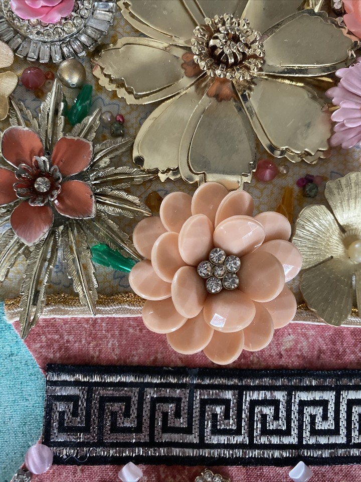 FRAMED JEWELRY ART OOAK Recycle Upcycle Vintage flowers vase floral