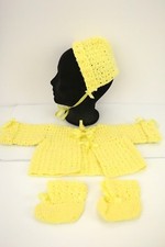 Vtg Crochet Baby/Doll Hat Cap Cardigan Booties SET Yellow 60-70s Ribbon Boy Girl