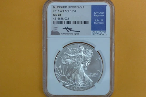 2012 W BURNISHED AMERICAN SILVER EAGLE NGC MS70 Edmund Moy Signed
