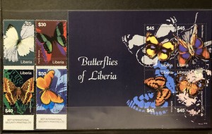 Liberia,butterflies S.C.#2484-9 S.C.V.$28 ,MNH Complete set of 4+ 2 S/S of 4