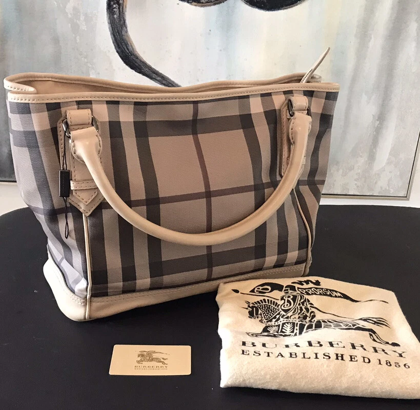 Authentic Burberry Tan Nylon Packable Tote Shoulder Bag Nova Check Lined