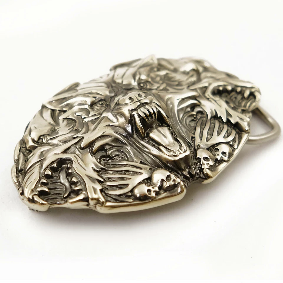 Hebilla de cinturón de plata alemana Cerbero, hebilla animal, perro de tres cabezas, perro infernal Foto 3 de 4