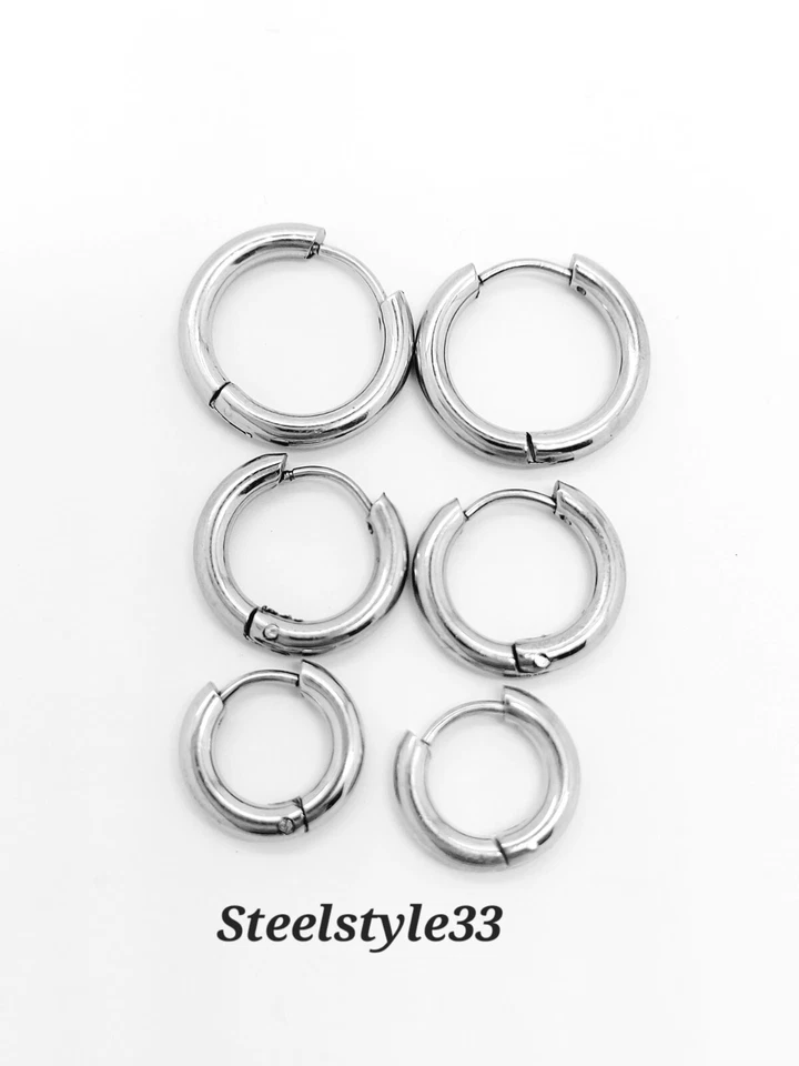 Acciaio Inox Argento Set di Tre Diverso Sized Orecchini a Cerchio, 12mm, 14mm, - Immagine 2 di 4