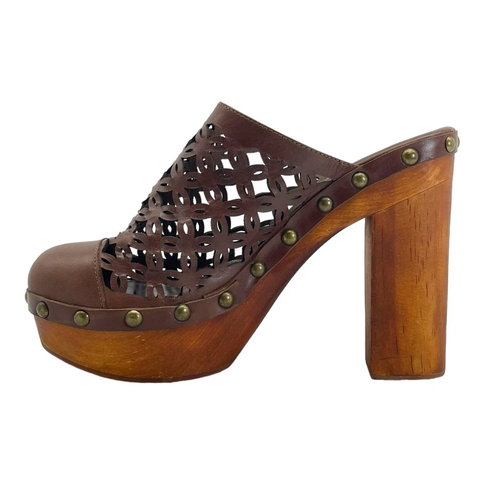 JEFFERY CAMPBELL Mujer 10 Mules Plataforma Cuero Tachonado Madera Tacón Perforado Foto 3 de 4