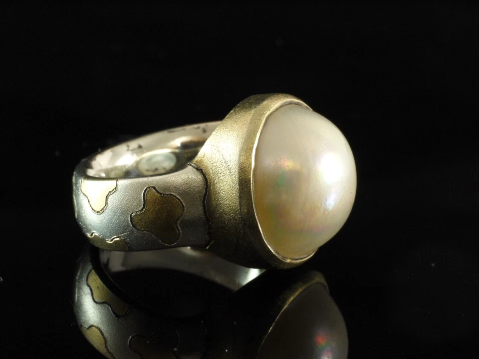 925 Sterlingsilber Ring mit Mabe Perle vergoldete Fassung und Leo Muster Gr 54 - Bild 3 von 4