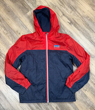 Levi s Youth 16 Hooded Nylon Jacket Blue Red Chenille Patch READ A176 CM Flaw