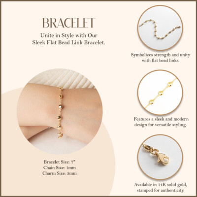 14K Solid Yellow Gold Flat Bead Link Adjustable Bracelet 7