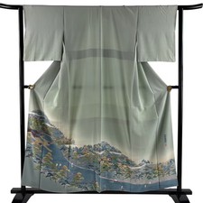 JAPANESE KIMONO IROTOMESODE GRAYISH GREEN 155.5cm 5 ft 1 in PURE SILK FF14579