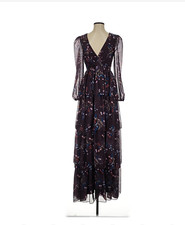 IEENA for Mac Duggal Floral Maxi Dress Womens Sz 4 Black Boho Tiered Prairie Fae