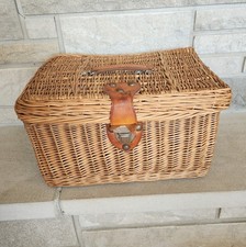 Vtg Large Wicker Basket w/ Genuine Leather Snap Lid Closure, Top  Side Handles