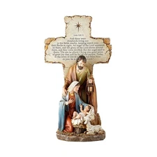 Needzo Holy Family Standing Cross Christmas Statue with Luke 2:8-11 Bible Ver...
