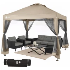CROWN SHADES Gazebo, 10x10 Canopy Pop Up Screen Tent with Netting, Beige (Used)